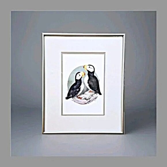 Sue Coleman ''Izzy & Moe'' Puffins Contemporary Pacific Northwest Framed Art - Picture 1 of 4